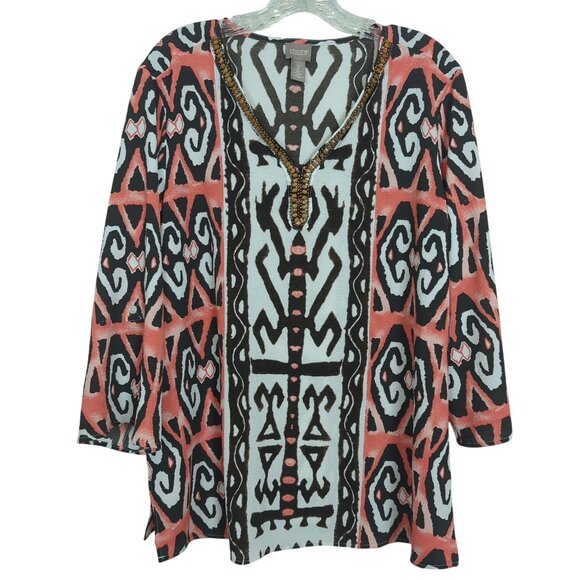 Chico's size‎ 2 / L brown coral geometric Tunic long sleeve tab sleeve V neck - Picture 3 of 16